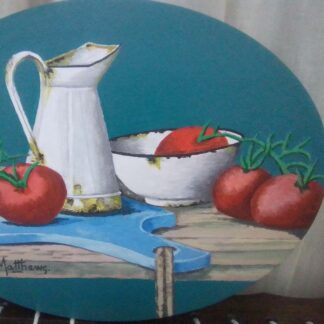 Original acrylic on canvas painting of tomatoes and old kitchen utensils. Check out more of our art for sale on Ireland's largest art gallery